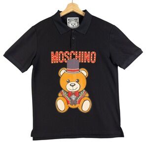 Moschino Couture Golf‎ Polo Shirt 2XL Short Sleeve Black Tedy bear print Cotton